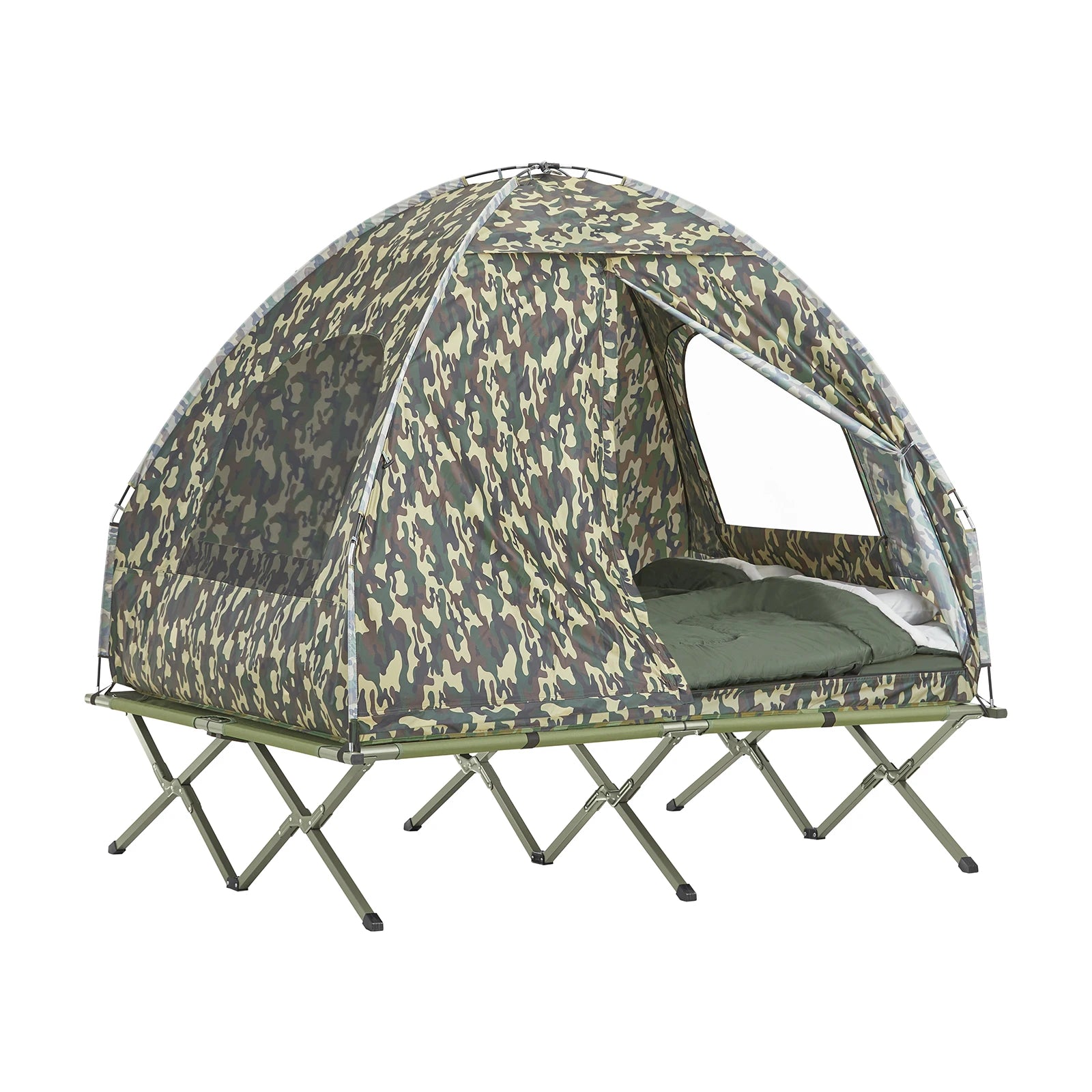 Kampeerpakket 4-in-1 – Tent – Campingbed – Luchtmatras – Slaapzak – Voor 2 Personen – Waterdicht Polyester – Stevig Metalen Frame - QUORE