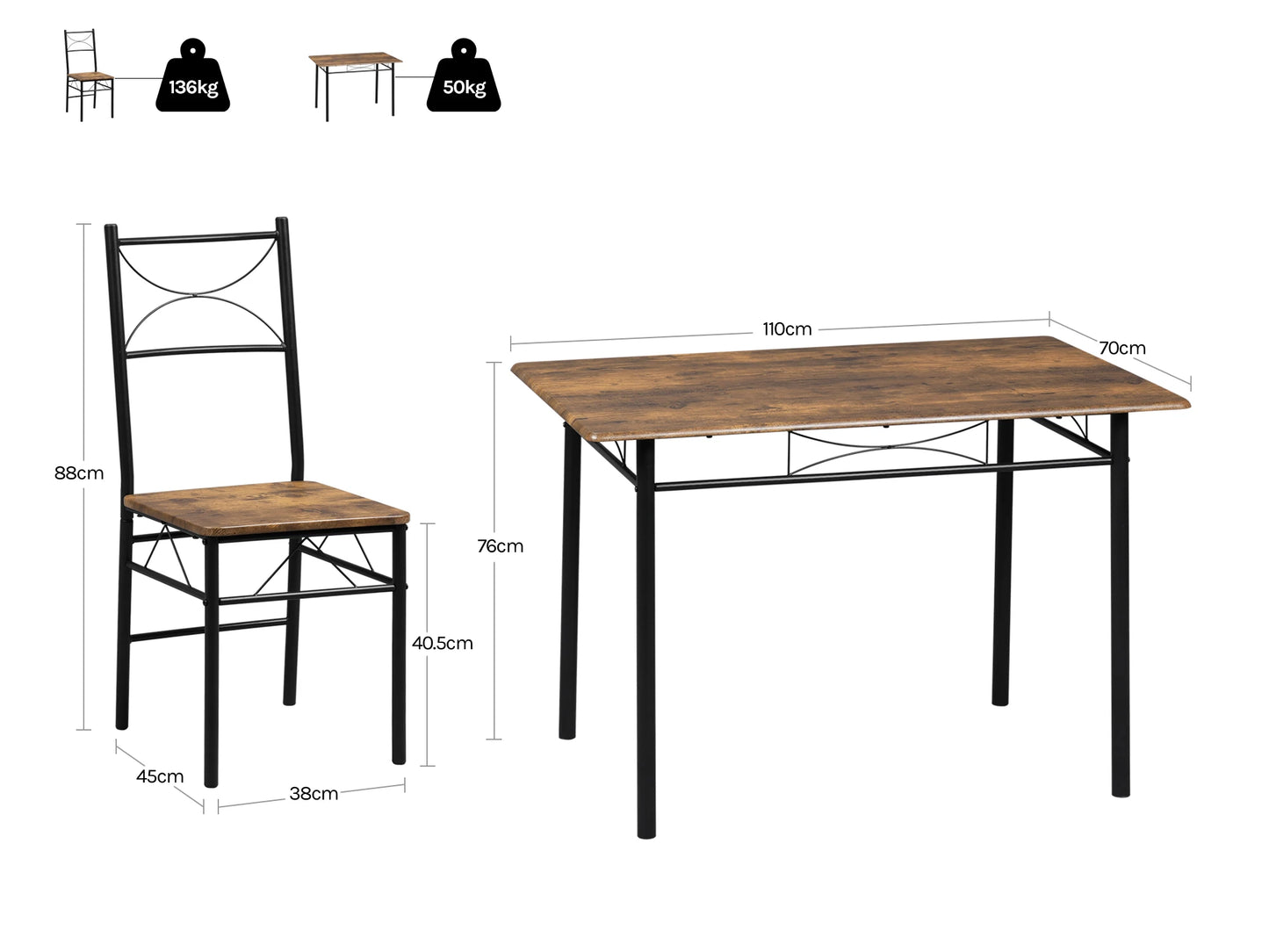Eettafelset 4 Personen – Eettafel, Stoelen, Keukenset, Diningset – Rustic Brown – MDF Tafel 110x76x70 cm – Stevig Metalen Frame
