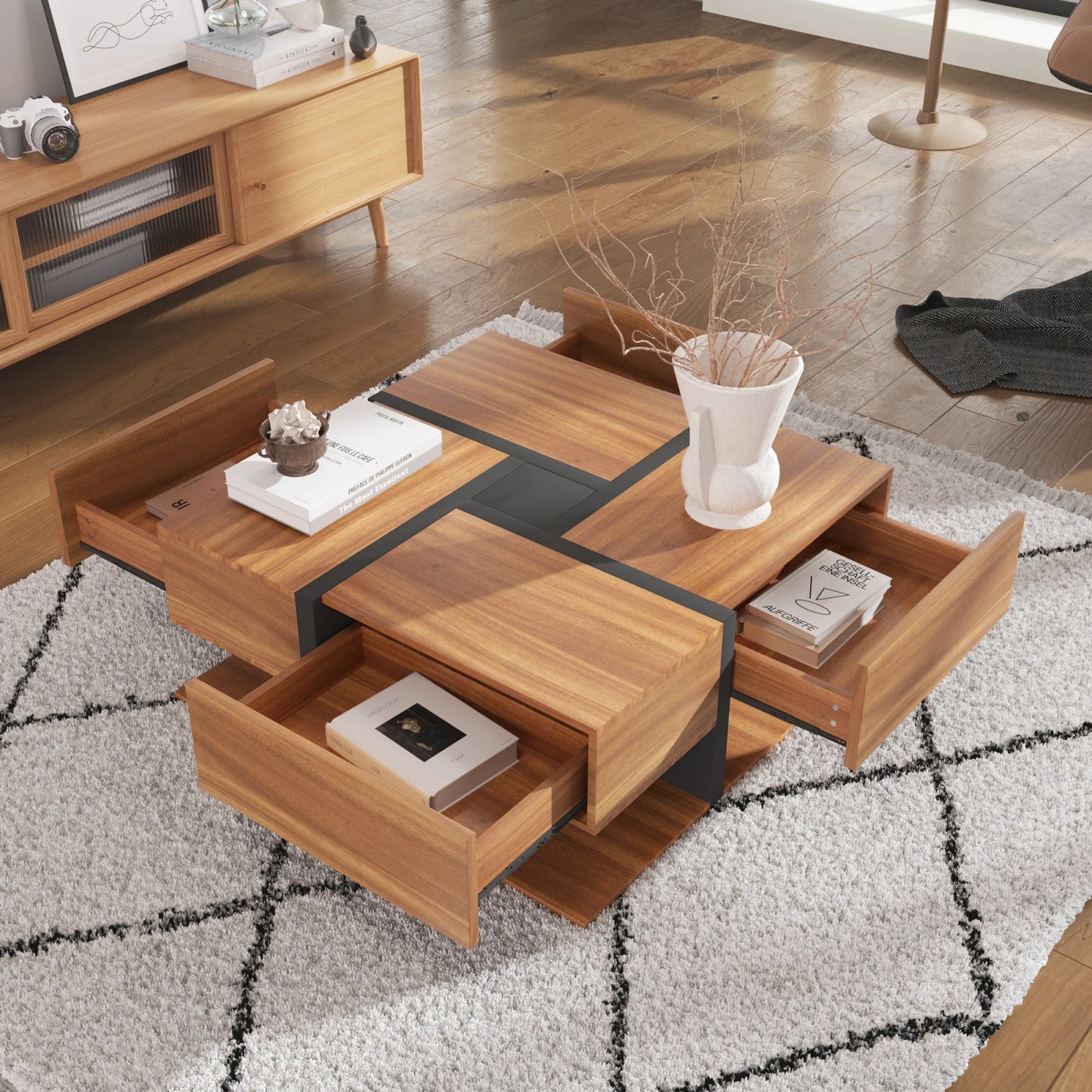 Salontafel – Koffietafel – Opbergtafel – Woonkamertafel – Houten Tafel – 78x78x36 Cm – Vier Lades - Bruin