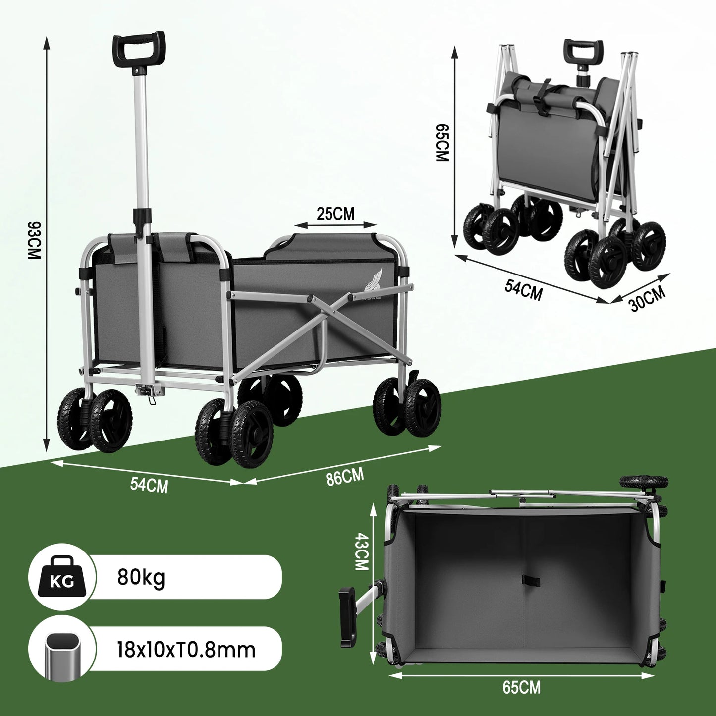 Tuinwagen - Tuinkar - Strand - Bolder - Boodschappen - Transport - Heavy-duty - met Dubbele Wielen en Rem - Voor Tuin - Erf - en Magazijn - Ergonomische Handgreep - 360° Draaibare Wielen - Draagvermogen 80kg - Donkergrijs