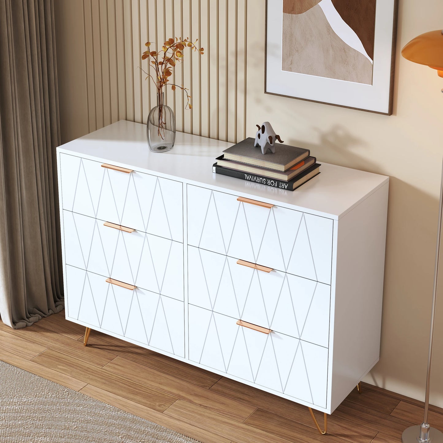 Ladekast – Ladekastje – Dressoir – Opbergkast – Kast Met 6 Lades – Wit Met Gouden Accenten – Anti-Kantelbeveiliging – Hout En Metaal