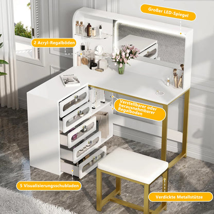 L-vormige Make-up Tafel – Kaptafel – Schoonheidstafel – Dressing Table – Hoekmeubel – Wit – LED Spiegel met 3 Lichtstanden – Gestoffeerde Kruk