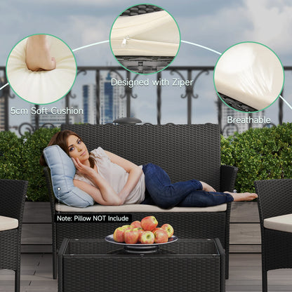 Rattan Loungeset – Tuinset – Loungeset Balkon – Buitenmeubel – Compact 4-Delig – Weerbestendig Staal – Gehard Glas - QUORE