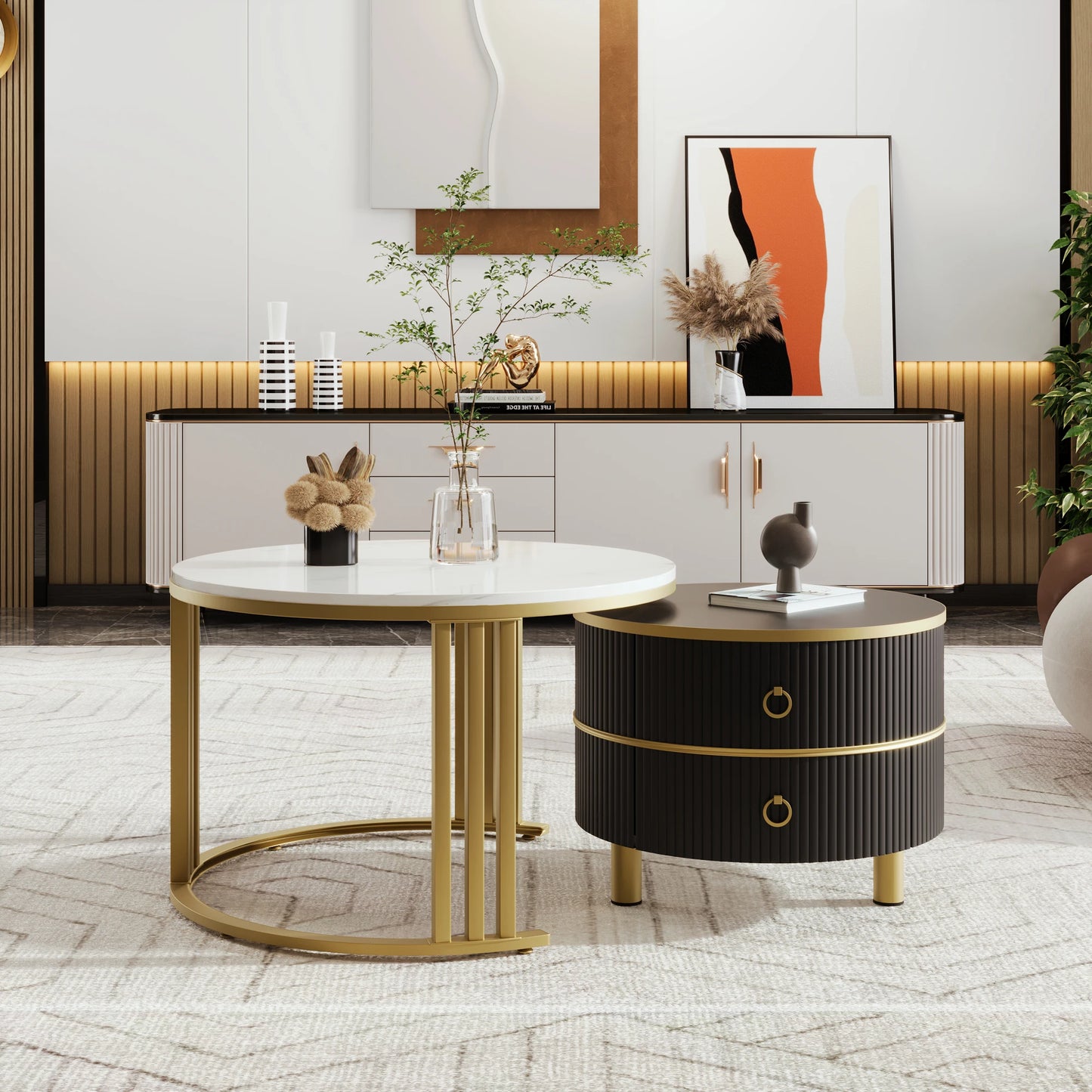 Salontafel - Set Van 2 Bijzettafels – Opbergtafel – Nachtkastje – Moderne Tafels – Marmerpatroon – Gouden Frame - Zwart