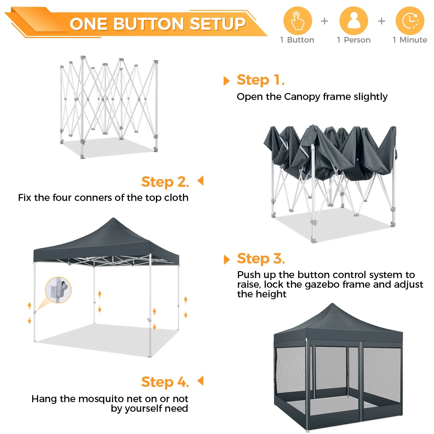 Opvouwbaar Tuinhuisje – Pop-Up Tent – Overkapping – Insectenbescherming – Waterdicht Oxford – Drie Verstelbare Hoogtes - Grijs - QUORE