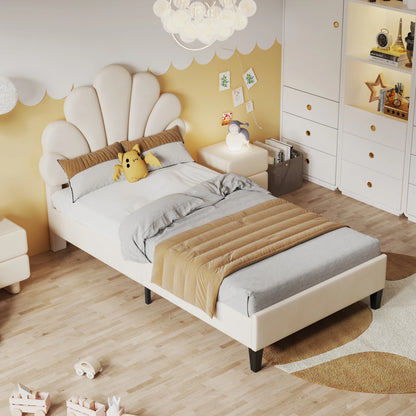 Kinderbed – Eenpersoonsbed – Kinderbedframe – Jeugdbed – Bed voor Kinderen – Beige Velvet Bekleding – 90 x 200 cm – Stevig MDF Frame Met Metalen Kruisverbinding