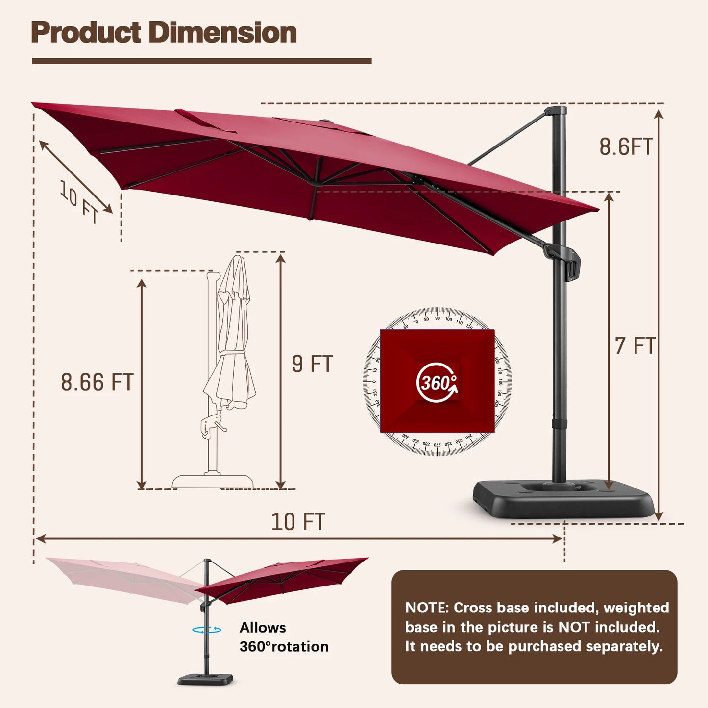 Parasol - Zweefparasol - Vrijdragende Parasol – Grote Parasol – Tuinparasol – Draaibare Parasol – 3X3 Meter – UV-Bestendig – Waterafstotend - Wijnrood