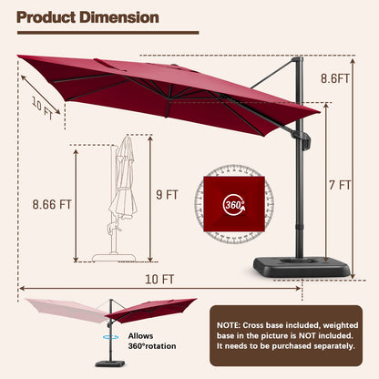 Parasol - Zweefparasol - Vrijdragende Parasol – Grote Parasol – Tuinparasol – Draaibare Parasol – 3X3 Meter – UV-Bestendig – Waterafstotend - Wijnrood