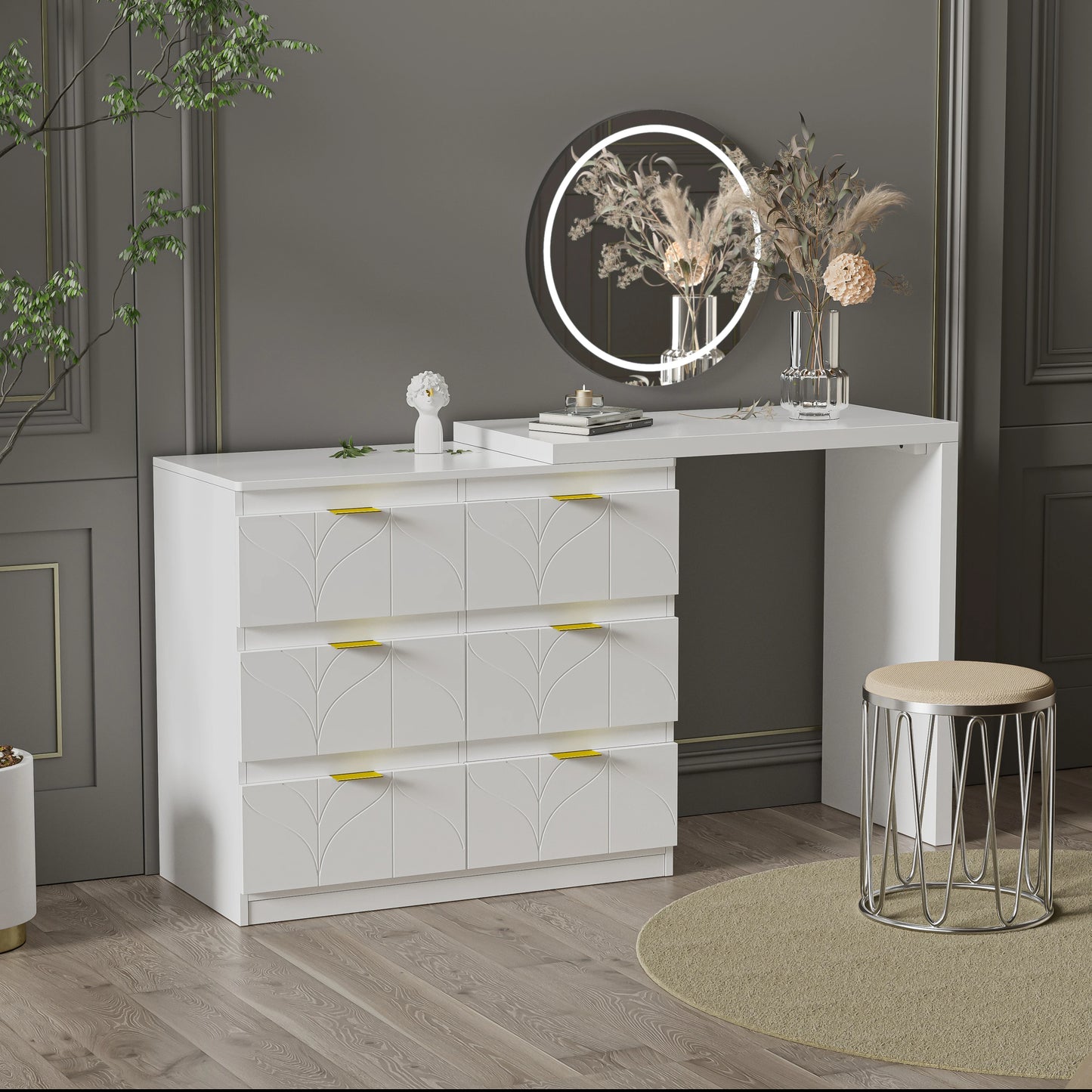 Dressing Table – Kaptafel – Make-up Tafel – Opbergmeubel – Bureau – Wit Met Gouden Handgrepen – 6 Lades – Draaibaar Tafelblad 180°