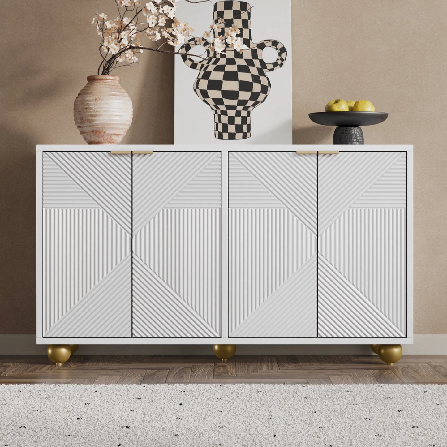 Opbergkastje – Opbergmeubel – Dressoir – Woonkamerkast – Halmeubel – Wit Met Gouden Handgrepen – 120x35x71,5 cm – Verstelbare Planken