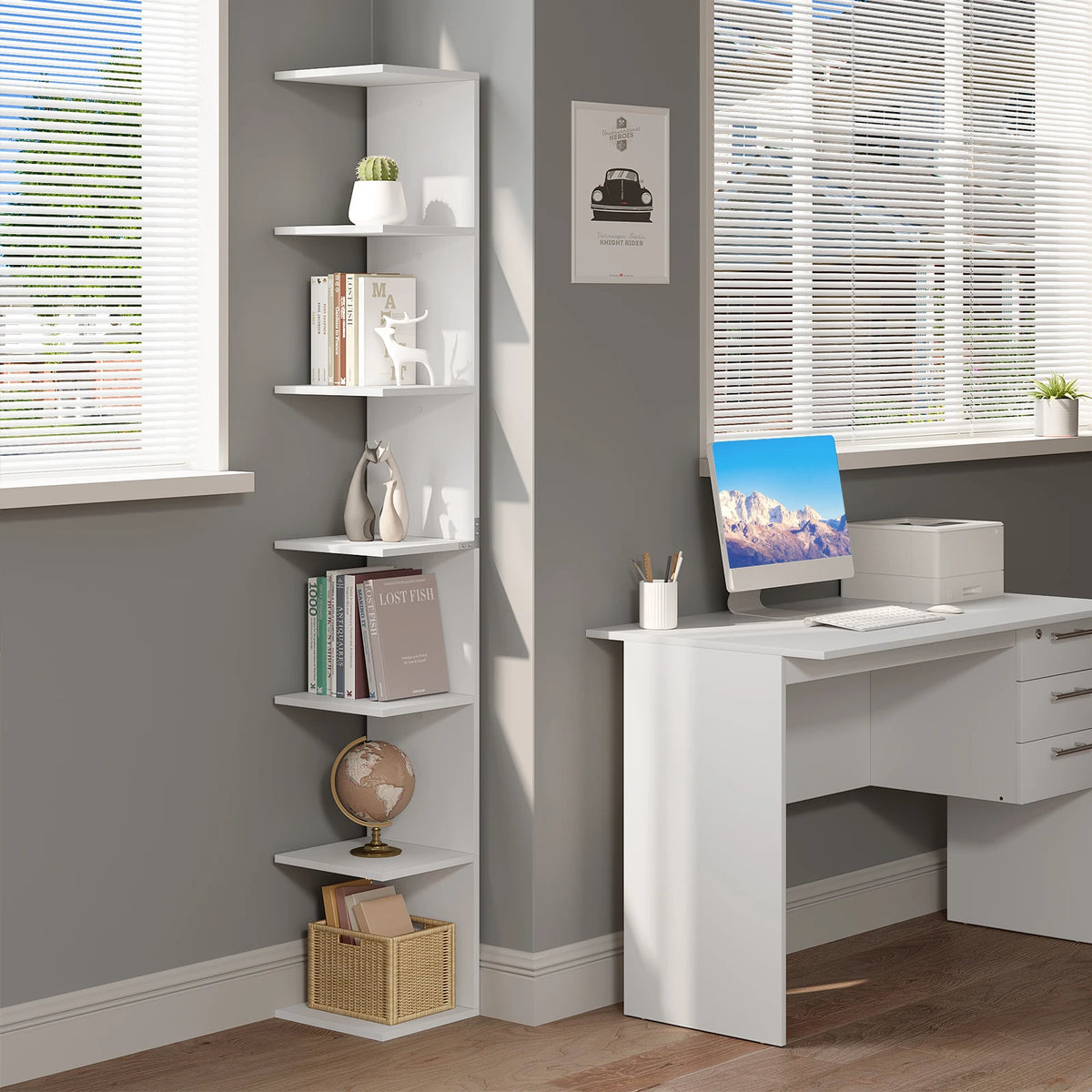 Vrijstaande Boekenkast - Opbergkast - Grek - Hoge Plankenkast - Staande Kast - 7 Niveaus  - Flexibele Indeling  - Duurzaam & stevig - 30x189,5x28cm - Wit