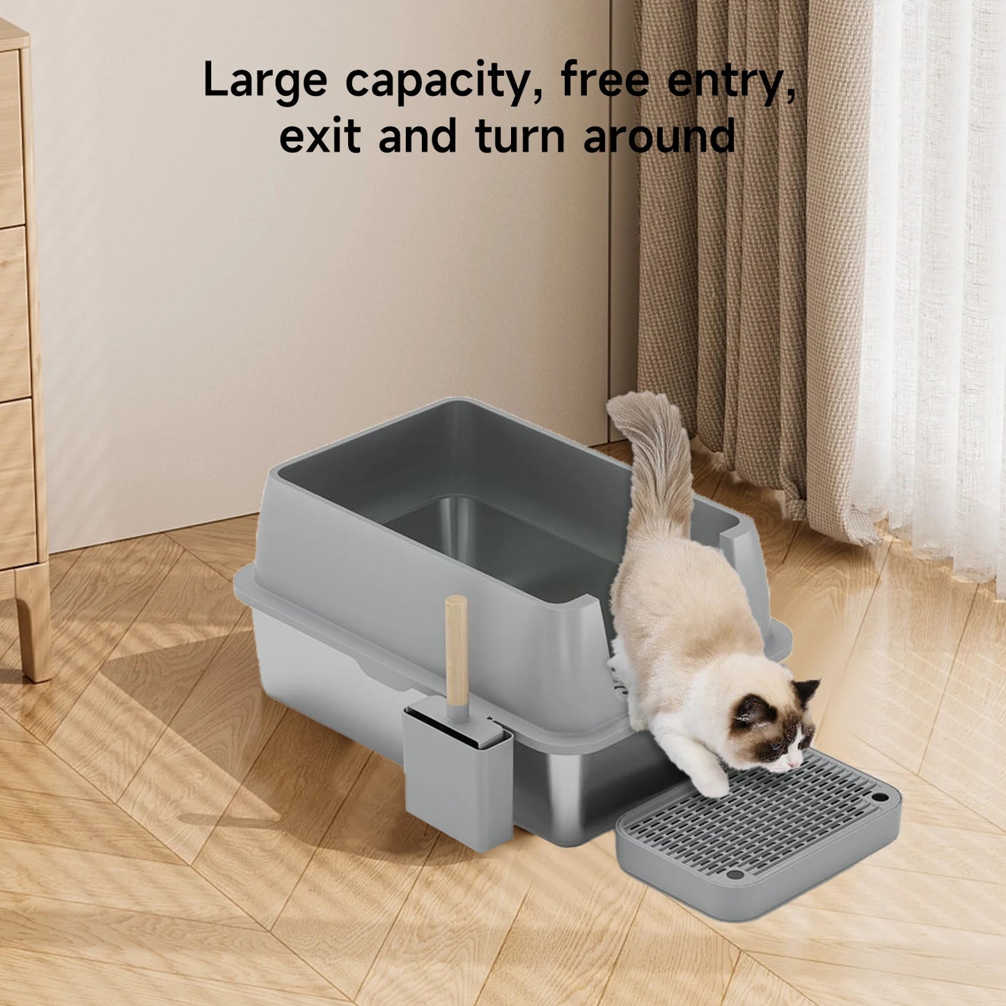 Kattenbak - Extra Grote - RVS - met Hoge Zijkanten - Open Type - Geurvrij en Duurzaam - Grote Katten - Meerdere Katten - Grijs