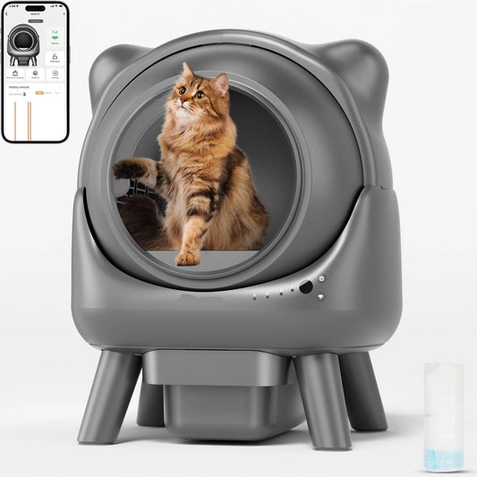 Automatische Kattenbak – Zelfreinigende Kattenbak – Slimme Kattenbak – App-Kattenbak – 60 Liter Inhoud – Geurfilter – Stil Onder 32dB - Grijs