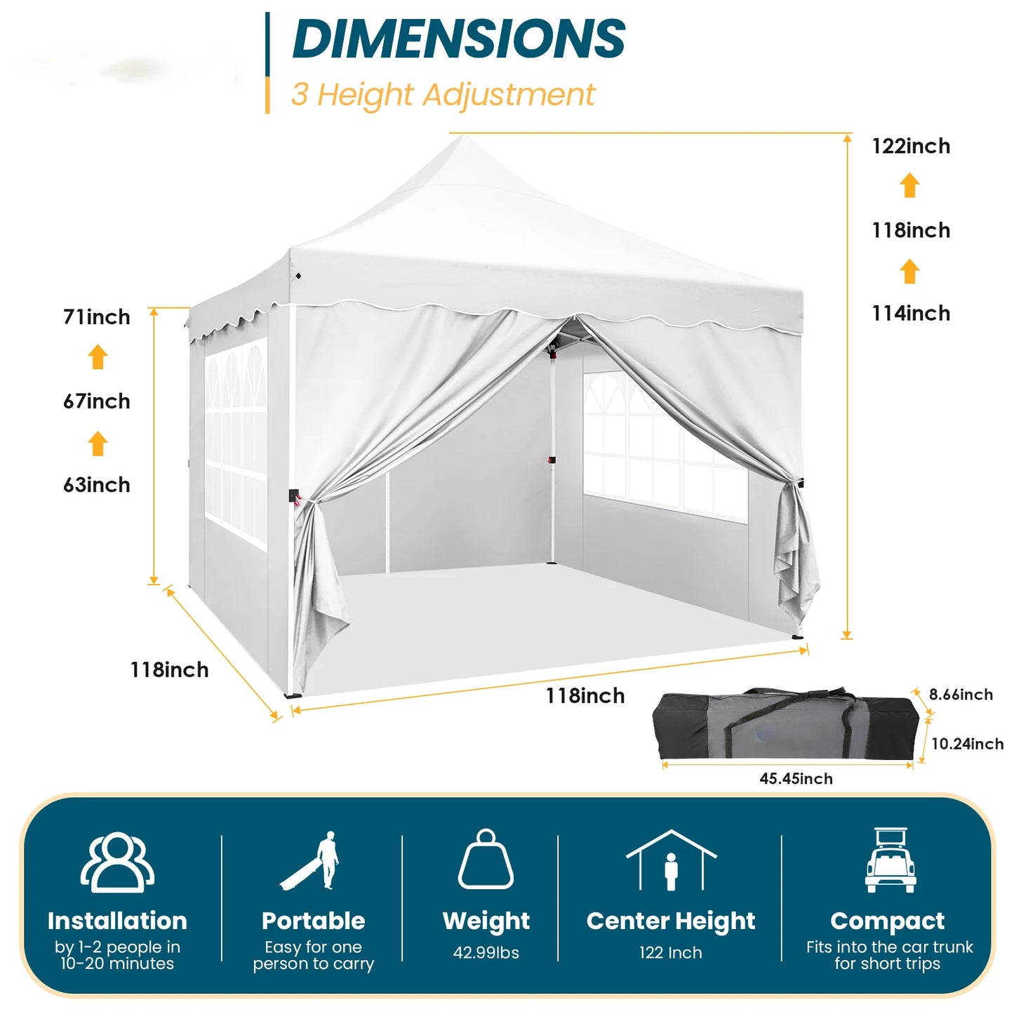Partytent – Pop-Up Luifel – Tent – Zonnescherm – Schaduwdoek – UV-Bescherming – Waterbestendig – Verstelbaar Frame - 3 x3 Meter - Wit
