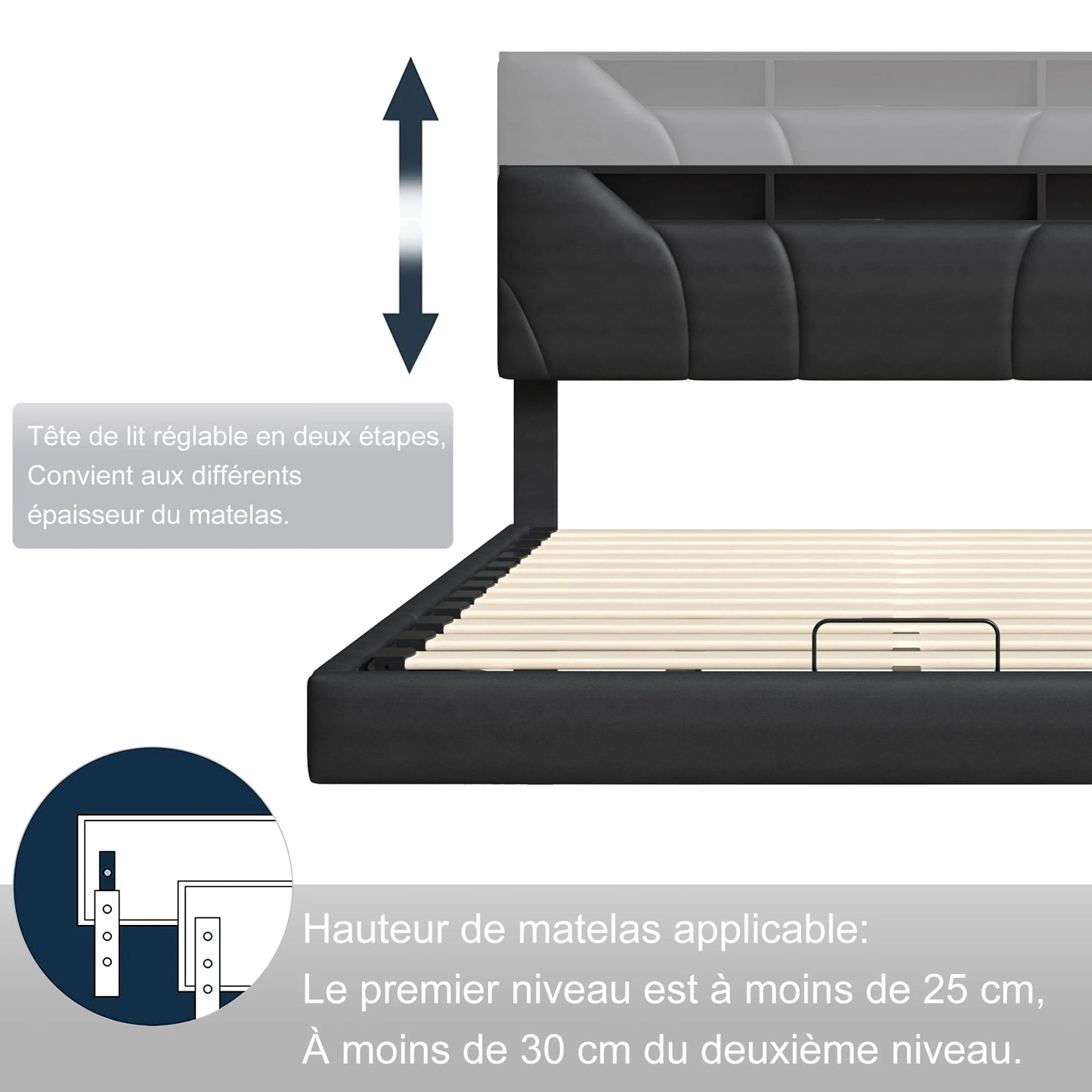 Tweepersoonsbed – Modern Bed – Opbergbed – Boxspring – Kunstleren Bed – Zwart 160x200 cm – Met LED-Verlichting – Gasdrukveer Opbergruimte