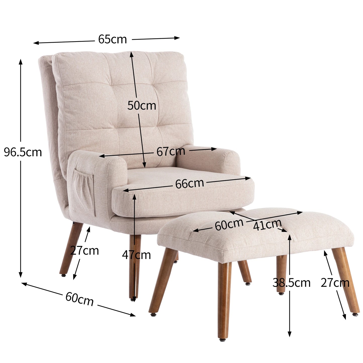 Fauteuil – Woonkamerstoel – Relaxstoel – Leesfauteuil – Beige Kleur – Verstelbare Rugleuning – Houten Poten - 69 × 96 × 60 cm - Beige