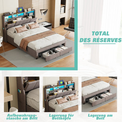 Rosahqnda LED Upholstery bed Double Bed with 2 Drawers USB Storage Headboard Youth bed with Storage Linen