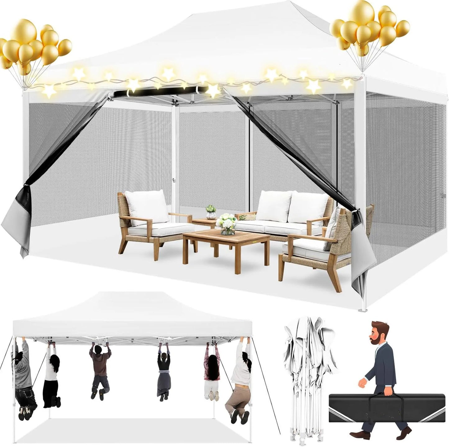 Tuinpaviljoen – Tuinhuisje – Pop-Up Tent – Buitenverblijf – Luifel – Waterdicht Frame – Verstelbare Hoogte - Wit