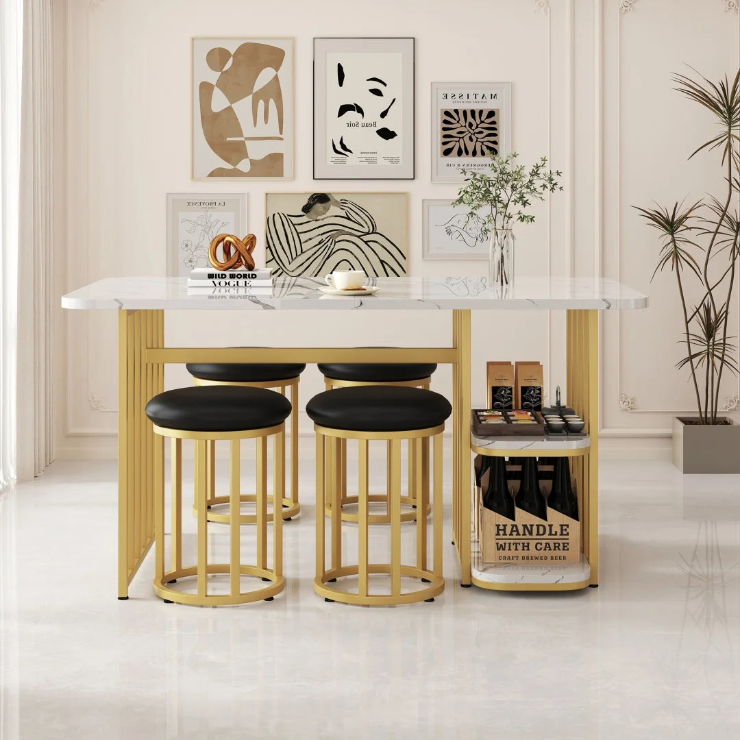 Eettafelset – Eettafel Met Opbergruimte – Tafel Met Stoelen – Witte Tafel – Gouden Poten – 140x80x75 Cm – Metalen Onderstel