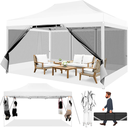 Tuinpaviljoen - Tuintent Opvouwbaar – Partytent – Campingtent – Verandatent – Insectenbeschermd – Waterdicht 420D Oxford – Verstelbare Hoogte - 3 x 4.5 m - Wit