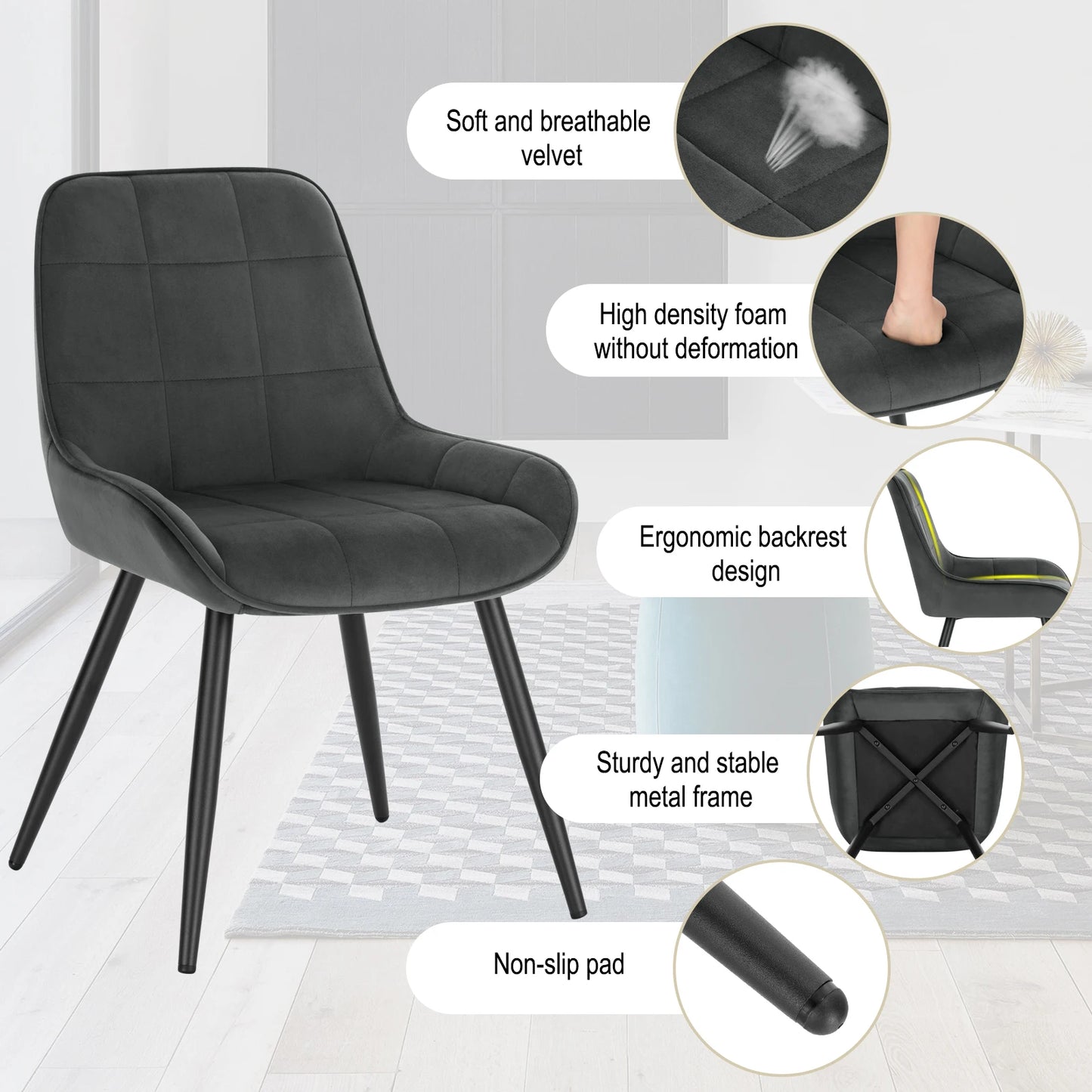 Eetkamerstoelen - Eetstoelen - Keukenstoelen - Set van 4 - Ergonomische Scandinavische Stijl - met Rugleuning - Voor Keuken - Eetgedeelte - Fluwelen Zitje - Metalen Poten - 52 x 51 x 81.5 cm - Donkergrijs