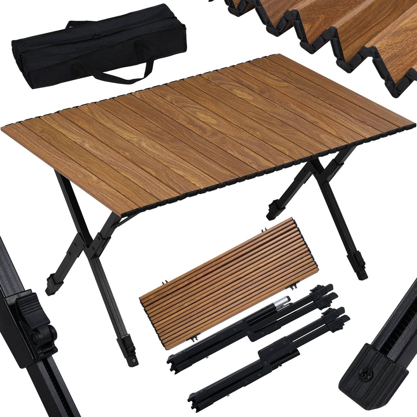 Campingtafel - Inklapbare Tafel - Klaptafel - Buiten Picknicktafel met Opbergtas - Opvouwbare - bbq Tafel - Verstelbare Hoogte - Lichtgewicht Tuin- en BBQ Tafel – Hout-look