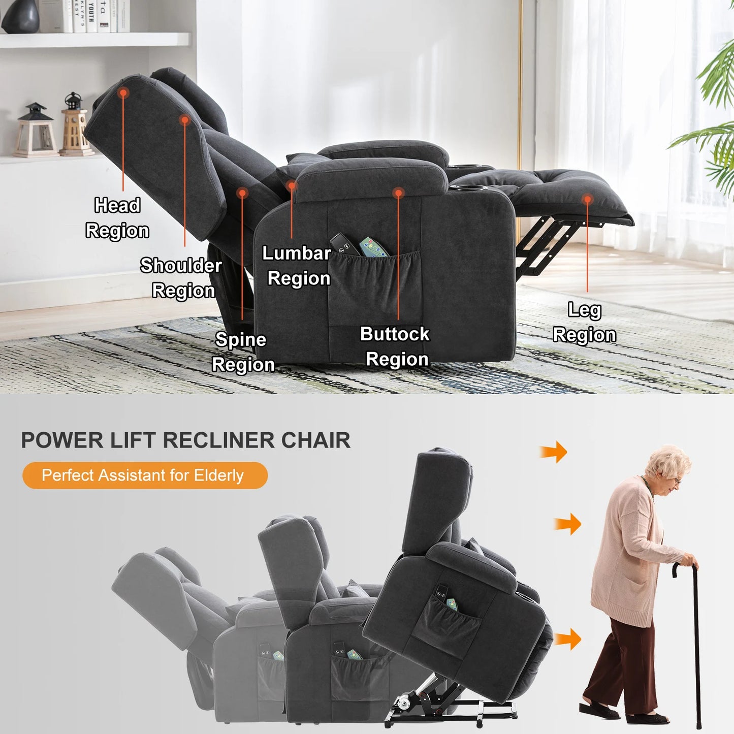 Sta op stoel – Relaxfauteuil – Massagefauteuil – Elektrische stoel – TV stoel – Flanellen bekleding – Verstelbare rugleuning 45° tot 160°