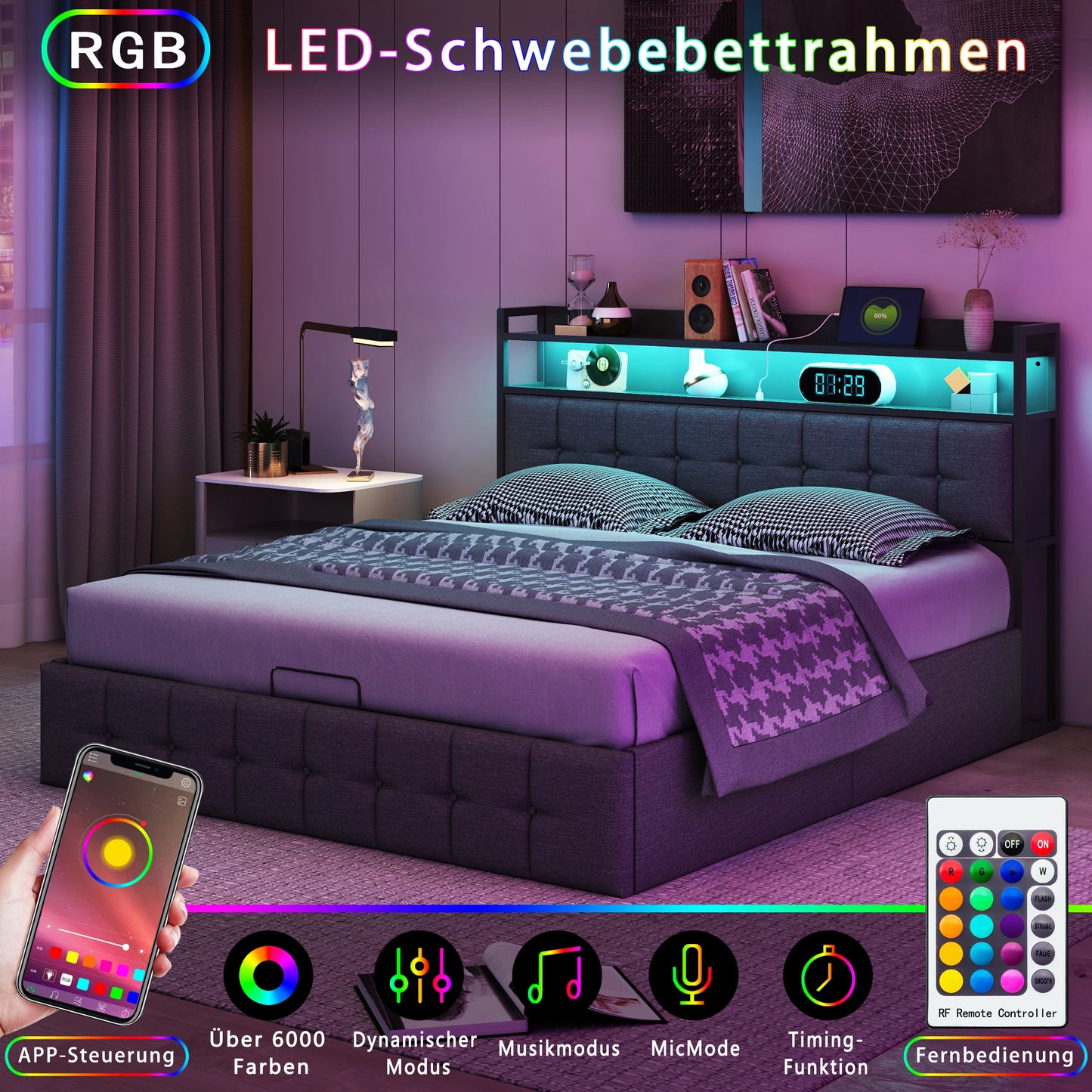 Bed Met Opbergruimte – Linnen Bed – Slaapbed – Opbergbed – Gasdrukveer Bed – 140x200 cm – Antracietgrijs Linnen Hoofdbord – Stevige Hout-Metaal Constructie