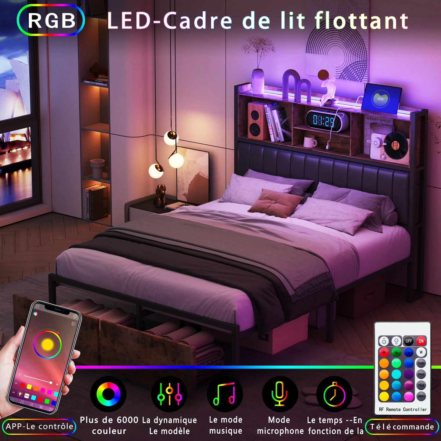 Tweepersoonsbed – 2-Persoonsbed – Ledbed – Opbergbed – Bed Met Laden – 160x200 cm – PU-Leer Hoofdbord – Verstelbare Led-Verlichting