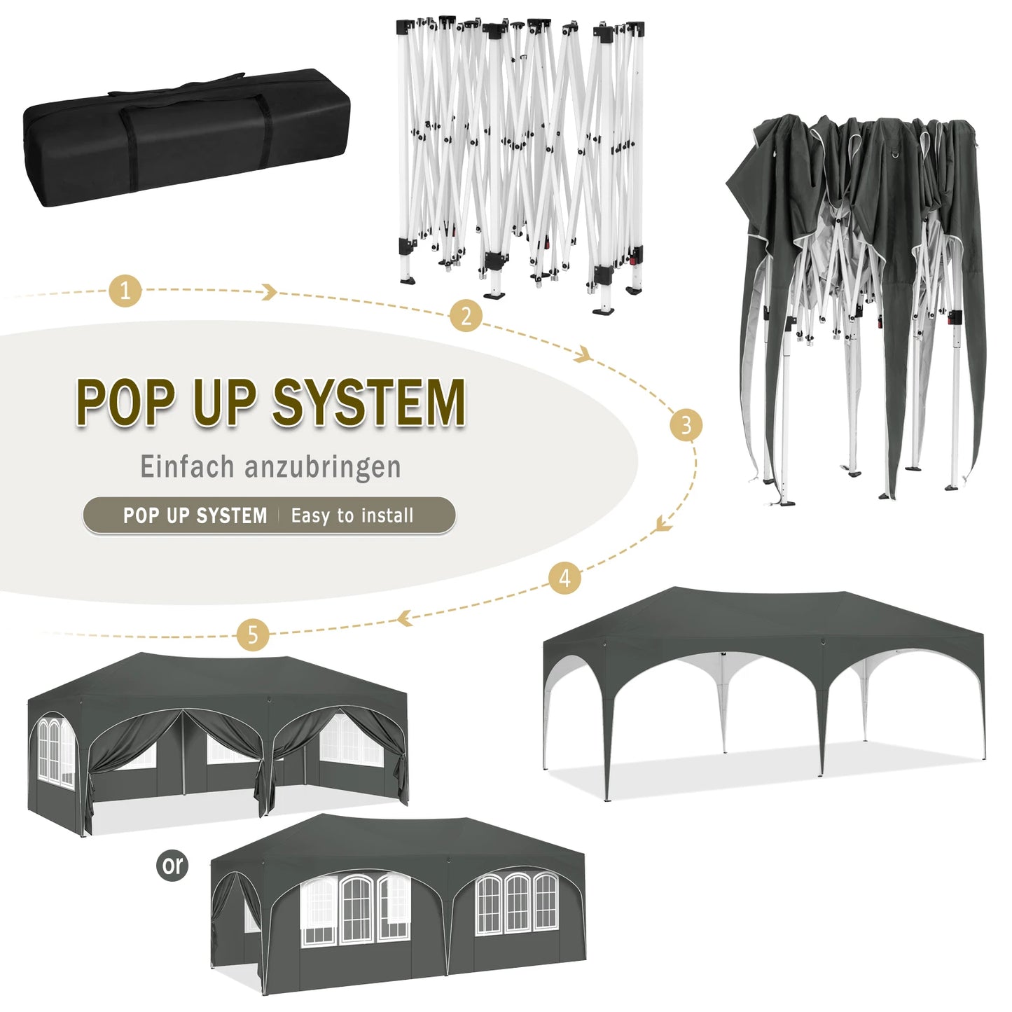 Pop-Up Tent – Tuinpaviljoen – Opblaasbare Tuintent – Buiten Shelter – 3x6 Meter – UV-Bescherming 98% – Verstelbare Hoogte - Grijs