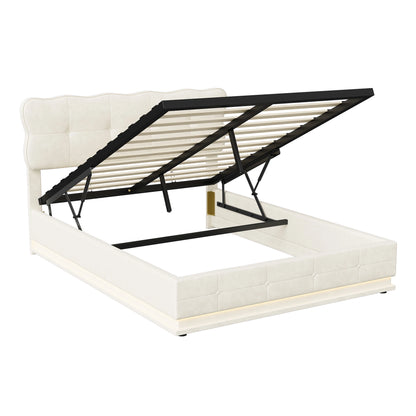 Tweepersoonsbed – Gestoffeerd Bed – Opbergbed – LED Bed – Hydraulisch Bed – 160 x 200 cm – Beige Velvet – Met Dimbare LED-Verlichting en Grote Opbergruimte