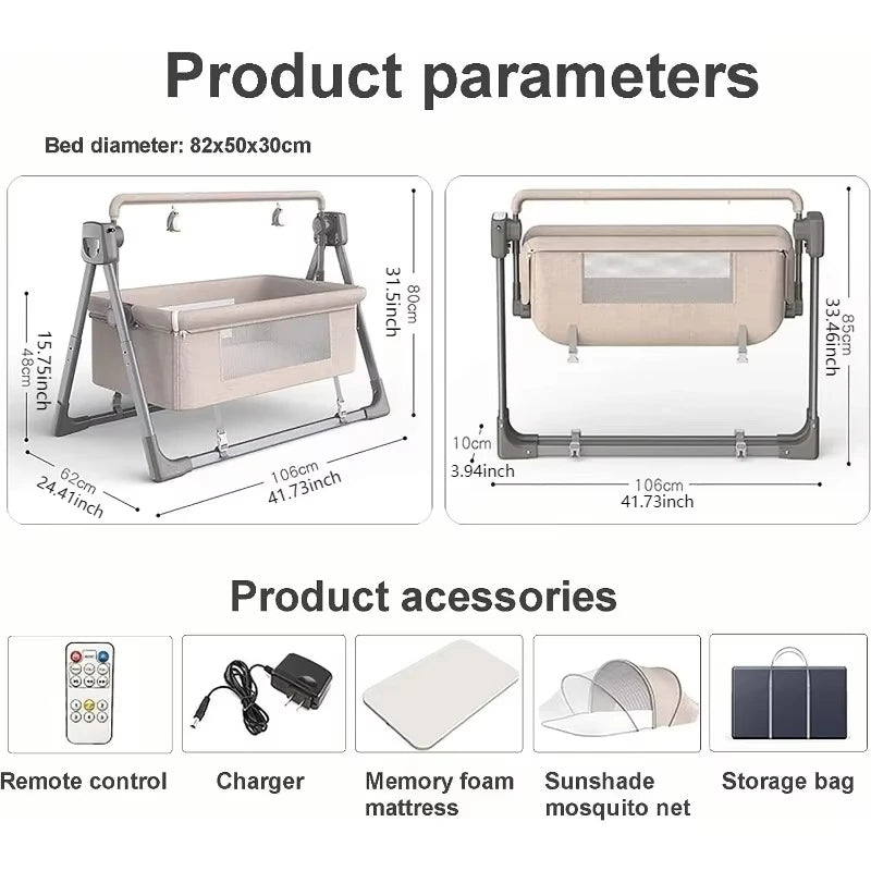 Co Sleeper - Baby Wieg - Wipstoel - Multifunctionele Elektrische Schommelstoel  - 0-3 Jaar - Intelligente Slaapfunctie – Afstandsbediening - Newborn Baby Slapen Mand – Weig - Khaki