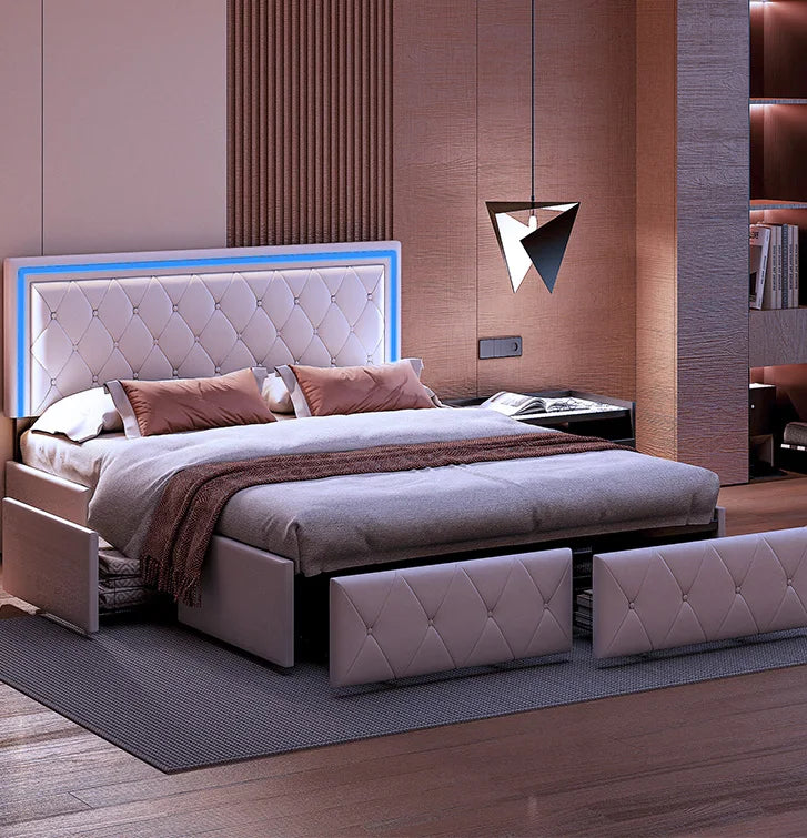 Modern Bed – Bedframe – Ledikant – Slaapbank – Bedkast – Wit 160x200 cm – Opberglades – LED-Verlichting