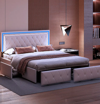 Bedframe – Bed – Tweepersoonsbed – Twijfelaar – Ledikant – Wit Kunstleer – 140x200 cm – 4 Opberglades – Soft-Close Mechanisme