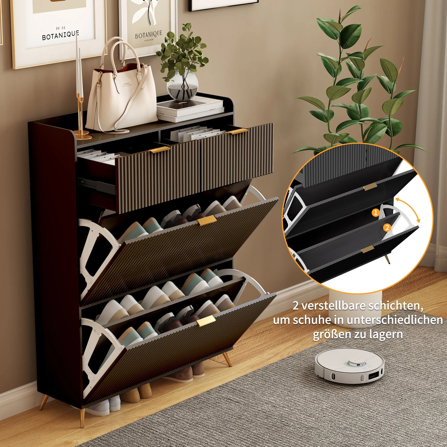 Schoenenkast – Schoenenrek – Schoenopberger – Halmeubel – Dressoirkast – Compact en Ruimtebesparend – Zwart Met Wit