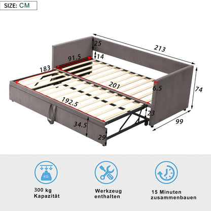 Slaapbank – Sofa Bed – Bedbank – Uitklapbare Bank – 2-Persoonsbed – Verstelbaar Metaal Frame – Grijze Velvet Bekleding – 90x200 cm Uitklapbaar