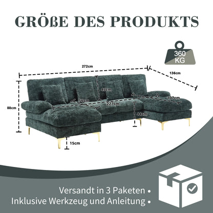 Hoekbank – Hoeksalon – Loungebank – U-Vormige Bank – Zithoek – Army Green – Chenille Stof – Robuust Houten Frame – Verstelbare Rugleuningen