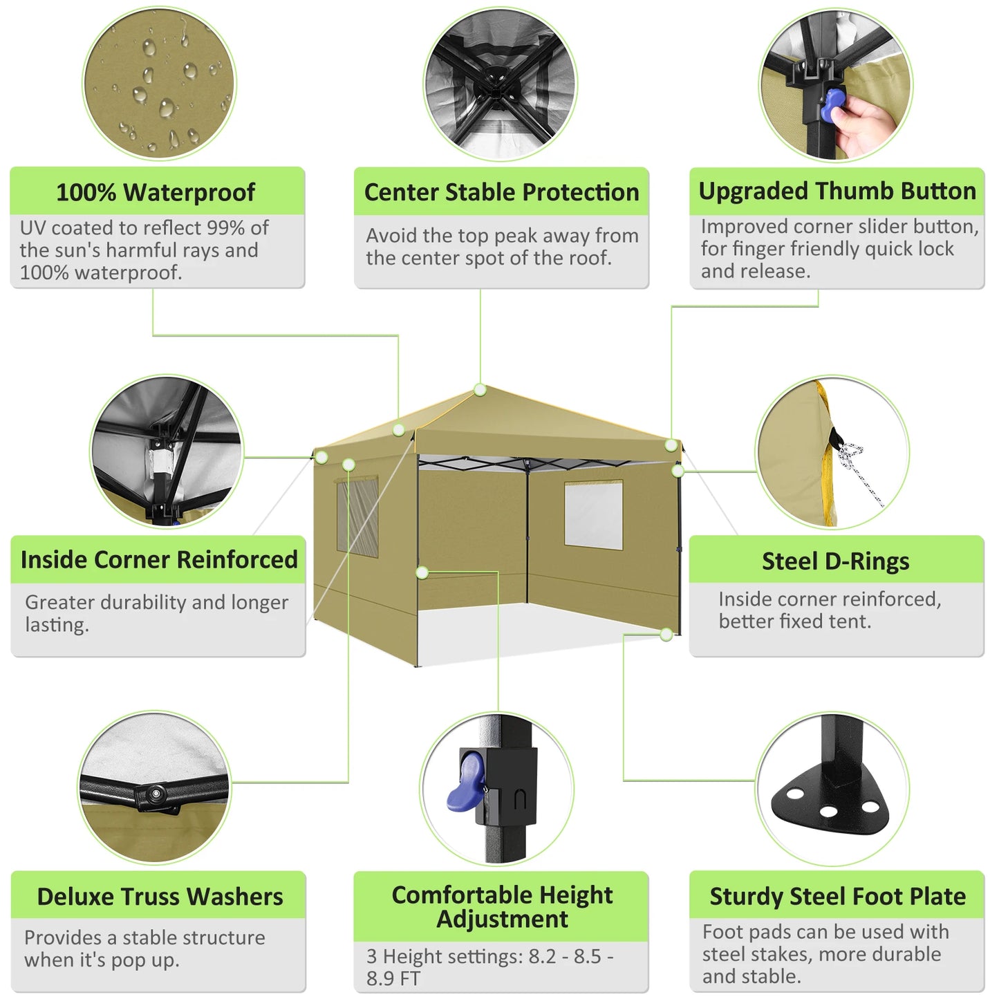 Opvouwbare Luifeltent – Tuin Tent – Partytent – Schaduwdoek – 3x3 Meter – Waterdicht Oxford Doek – Verstelbare Zijwanden - Khaki