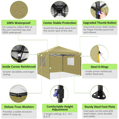 Opvouwbare Luifeltent – Tuin Tent – Partytent – Schaduwdoek – 3x3 Meter – Waterdicht Oxford Doek – Verstelbare Zijwanden - Khaki