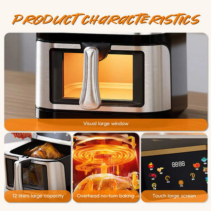 Heteluchtfriteuse – Airfryer - Airfryer Oven - 12L - 2000W - Touch Display - Airfryer Zonder Olie - Kijkvenster - RVS - Hoge Temperatuur - Zwart