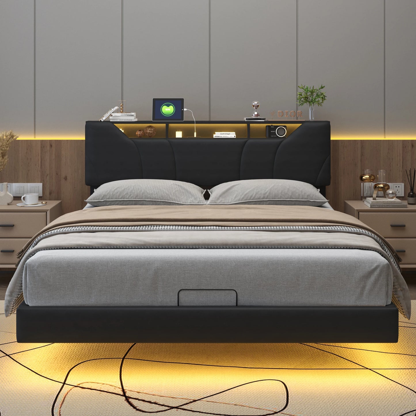 Tweepersoonsbed – Modern Bed – Opbergbed – Boxspring – Kunstleren Bed – Zwart 160x200 cm – Met LED-Verlichting – Gasdrukveer Opbergruimte