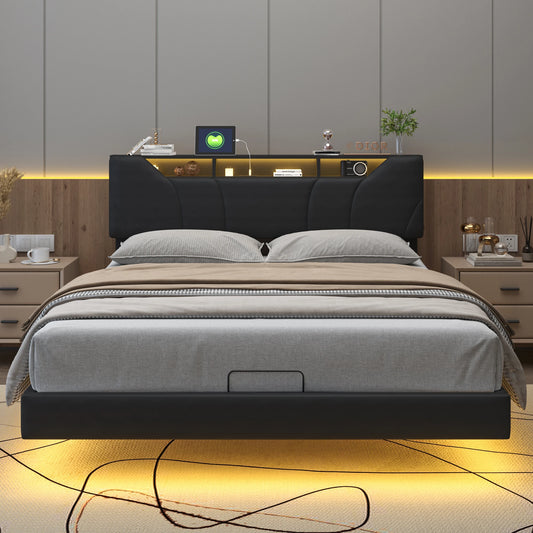 Gestoffeerd Tweepersoonsbed – Opbergbed – Slaapbank – Led Bed – Boxspring – Zwart 140x200 cm – Hydraulische Opbergruimte – Verstelbaar Hoofdeinde