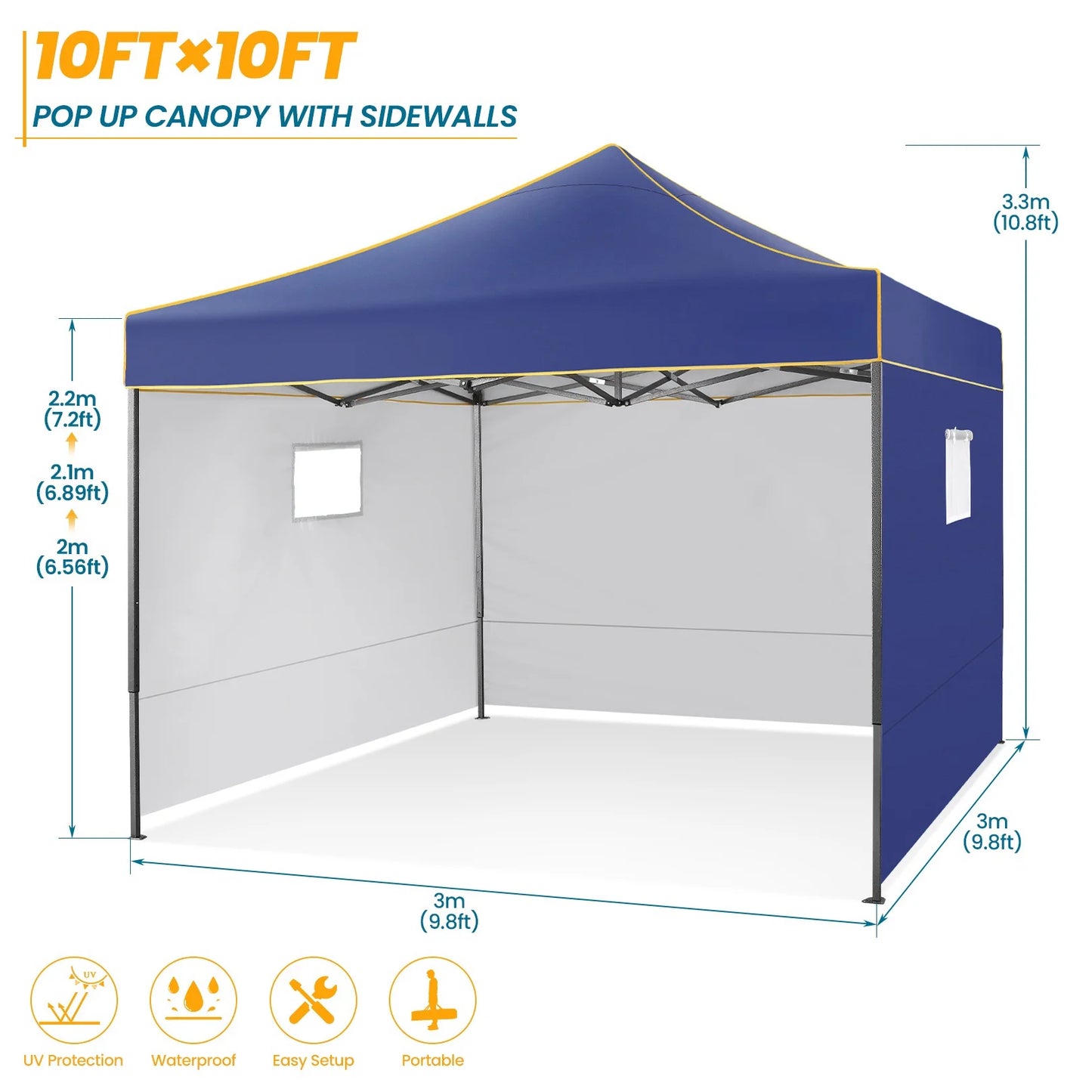 Partytent – Schaduwdoek – Vouwtent – Waterdicht Frame – UPF 50+ Zonbescherming - 3x3 m - Marineblauw