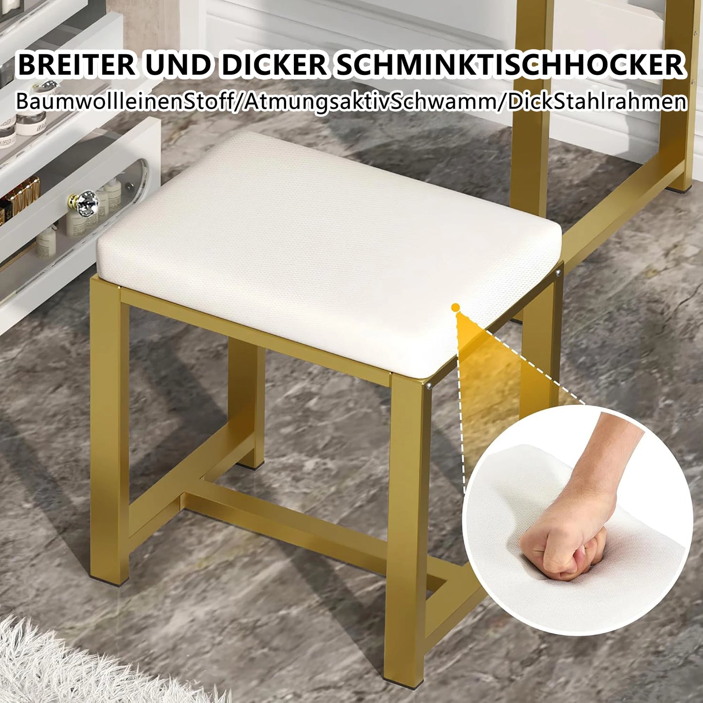 L-vormige Make-up Tafel – Kaptafel – Schoonheidstafel – Dressing Table – Hoekmeubel – Wit – LED Spiegel met 3 Lichtstanden – Gestoffeerde Kruk