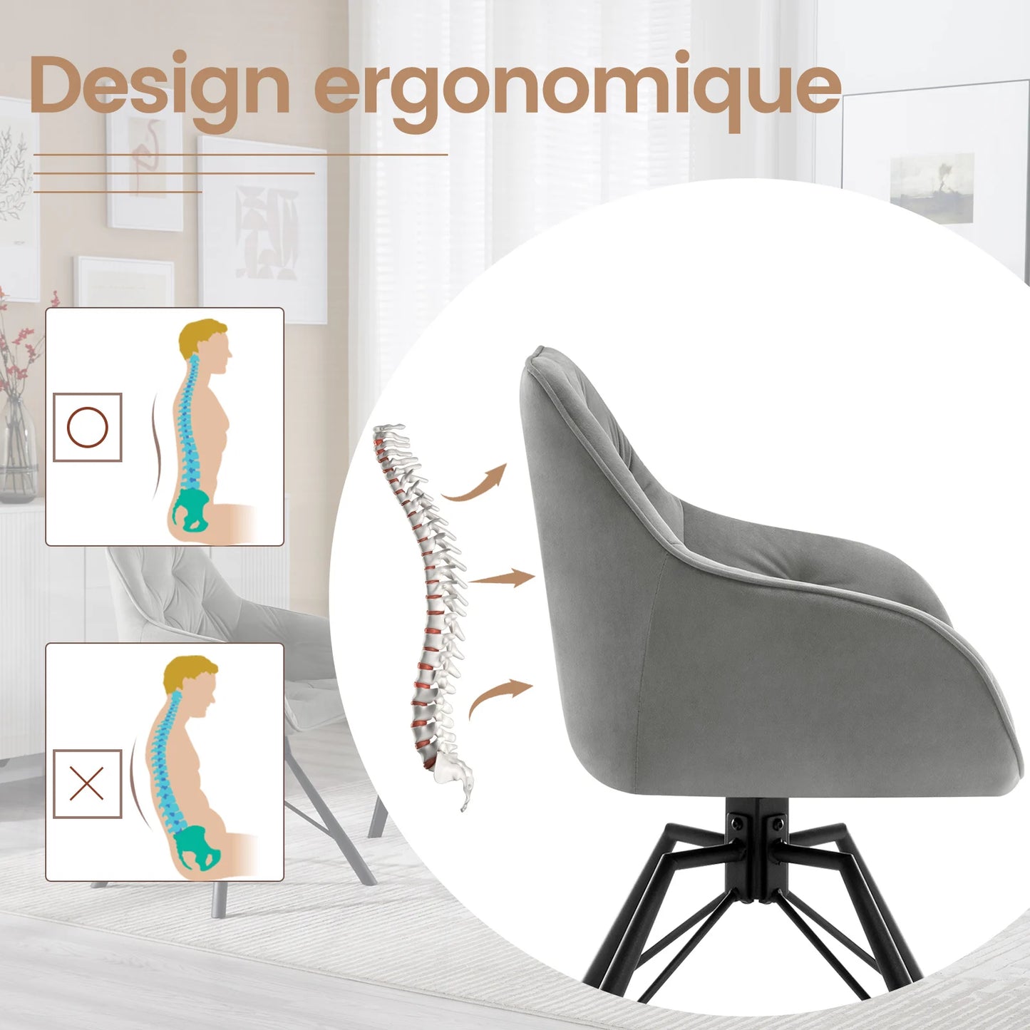 Draaibare Eetkamerstoelen – Set van 2 - Eetstoel – Bureaustoel – Leesstoel – Comfortstoel – Ergonomisch Design – 360° Draaibaar - Fluweel - Donkergrijs