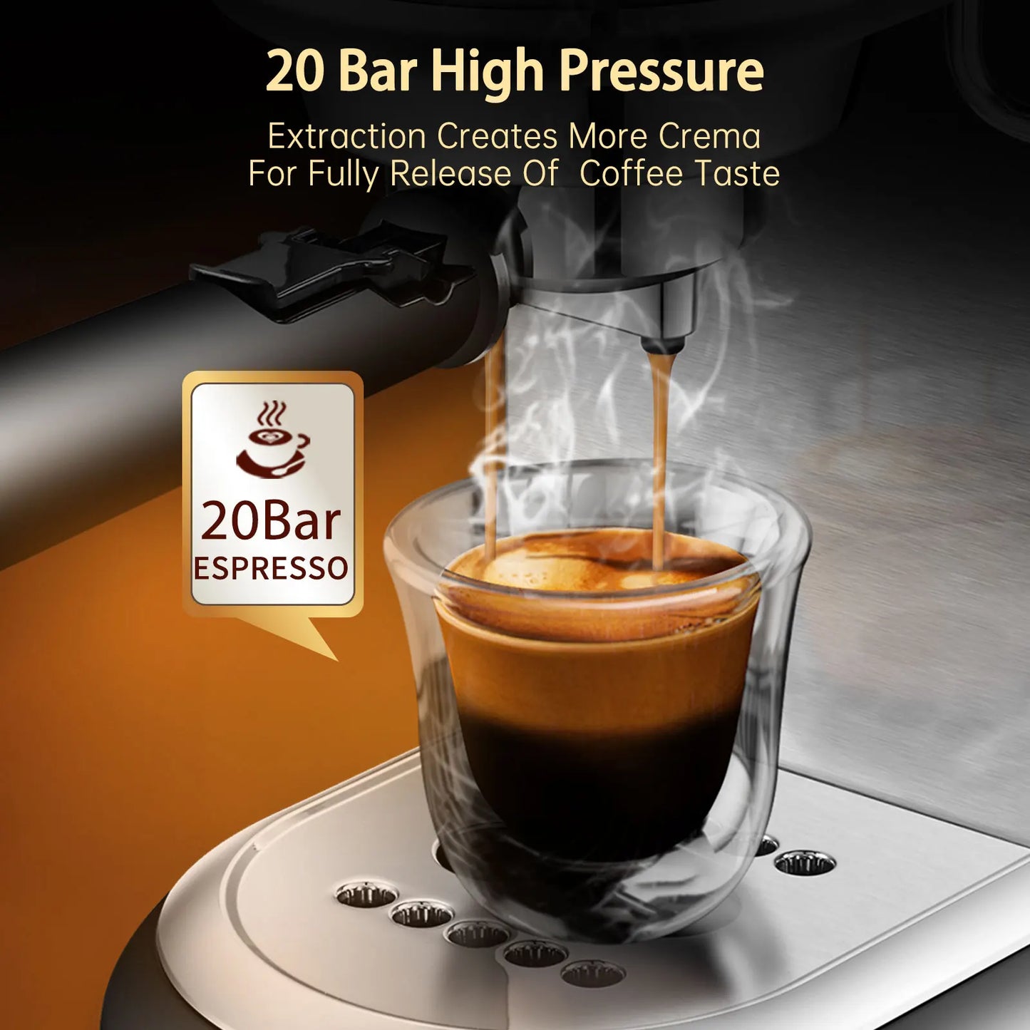 Espressomachine – 20 Bar – Compact Koffiezetapparaat - Semi-Automatisch - 1.1L - 1450W - ESE Pads - en Gemalen Koffie – RVS - Heetwaterfunctie - QUORE