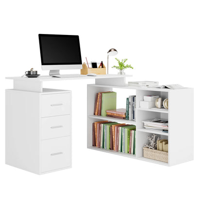 Hoekbureau – L-vormig Bureau – Werkplek Bureau – Studiebureau – Kantoormeubel – Wit – Verstelbare Planken – 3 Opberglades – 129x104 cm