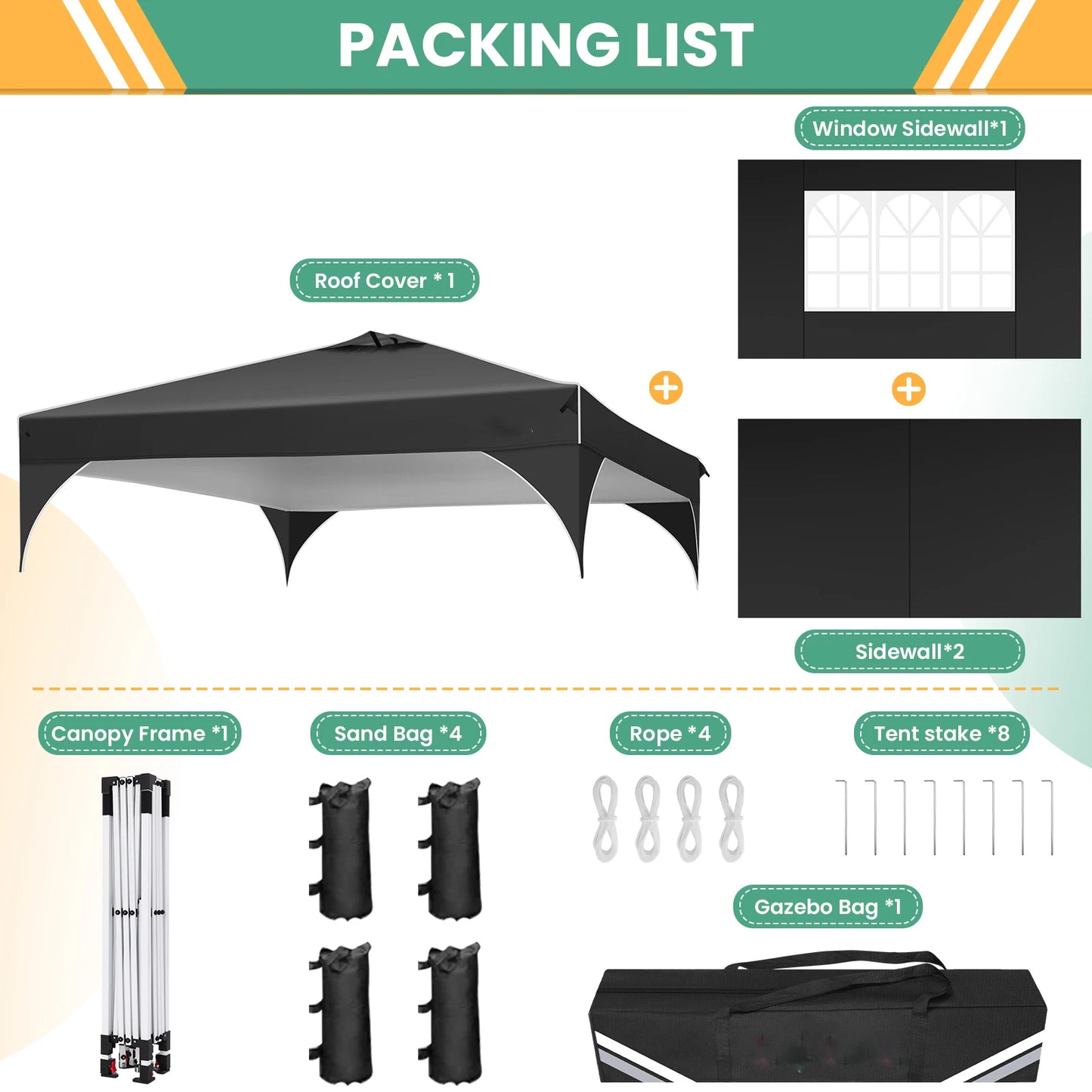 Pavilion 3x3m Waterproof Stable Winterproof Folding Gazebo Party Tent Garden Gazebo, 3 Side Panels, for Camping, Festivals