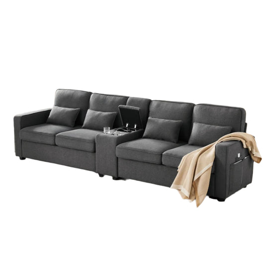 Hoekbank – Bank – Hoekbank Met Opbergruimte – Comfortabele Bank – Duurzaam Hennepstof – USB-Poorten – Instelbare Rugkussens - 290 × 83 × 88 cm - Donkergrijs