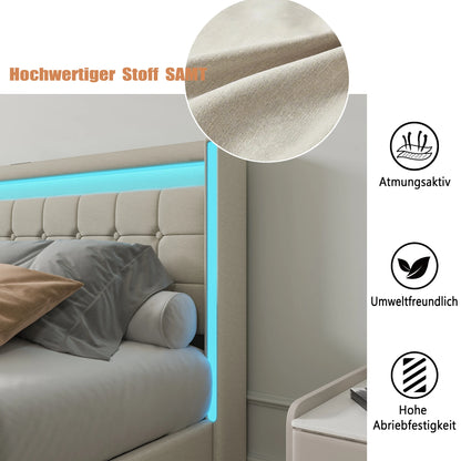 Gestoffeerd Bed – Bedframe – Slaapbank – Bed met Opbergladen – Linnen Bed – 140x190 cm – LED Verlichting – USB Oplaadpoort – Beige – 4 Grote Lades – Zonder Matras